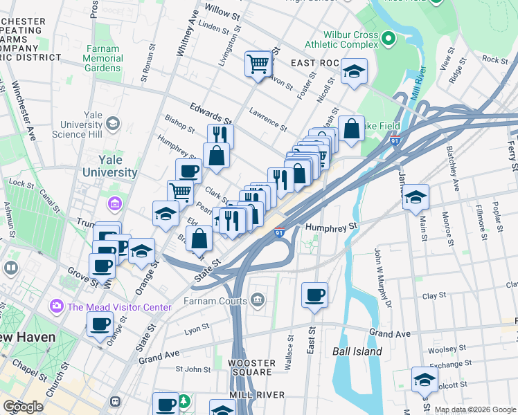 map of restaurants, bars, coffee shops, grocery stores, and more near 286 Humphrey Street in New Haven