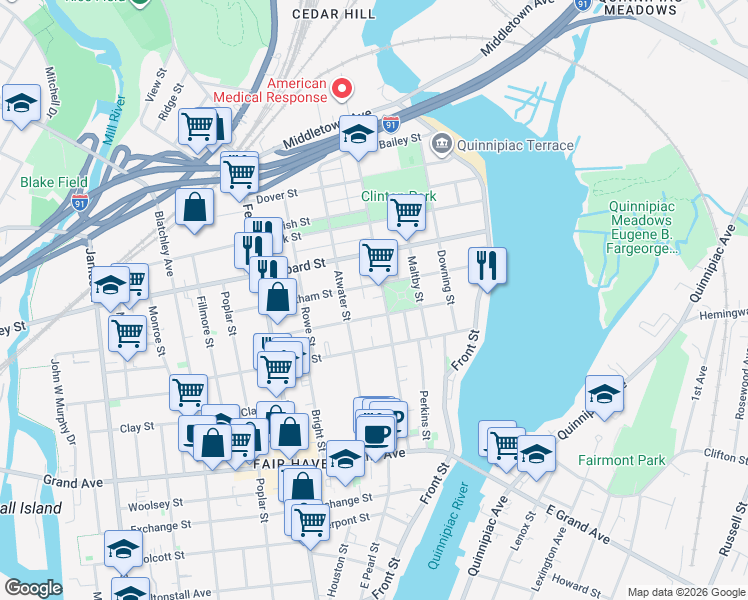 map of restaurants, bars, coffee shops, grocery stores, and more near 134 Chatham Street in New Haven