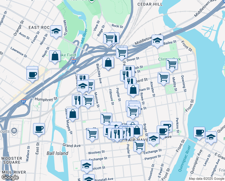 map of restaurants, bars, coffee shops, grocery stores, and more near 463 Poplar Street in New Haven