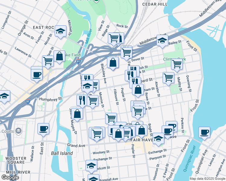 map of restaurants, bars, coffee shops, grocery stores, and more near 456 Lombard Street in New Haven