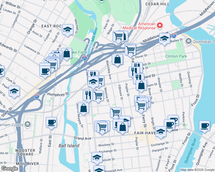 map of restaurants, bars, coffee shops, grocery stores, and more near in New Haven