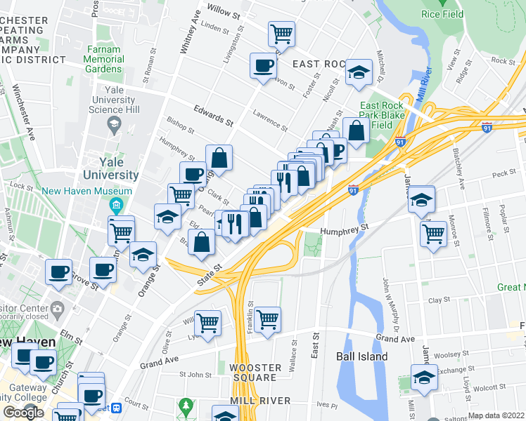 map of restaurants, bars, coffee shops, grocery stores, and more near 286 Humphrey Street in New Haven