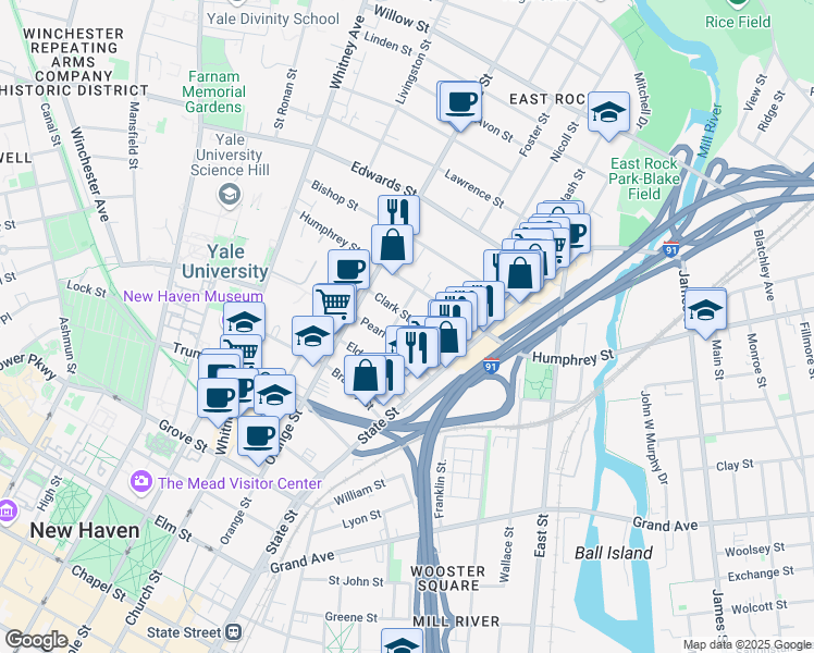 map of restaurants, bars, coffee shops, grocery stores, and more near 59 Clark Street in New Haven