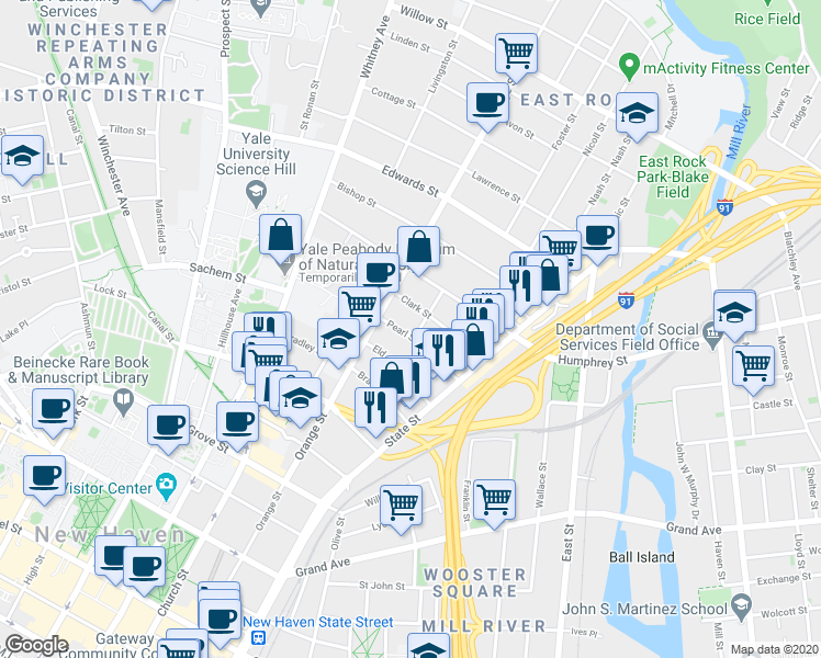 map of restaurants, bars, coffee shops, grocery stores, and more near 83 Pearl Street in New Haven