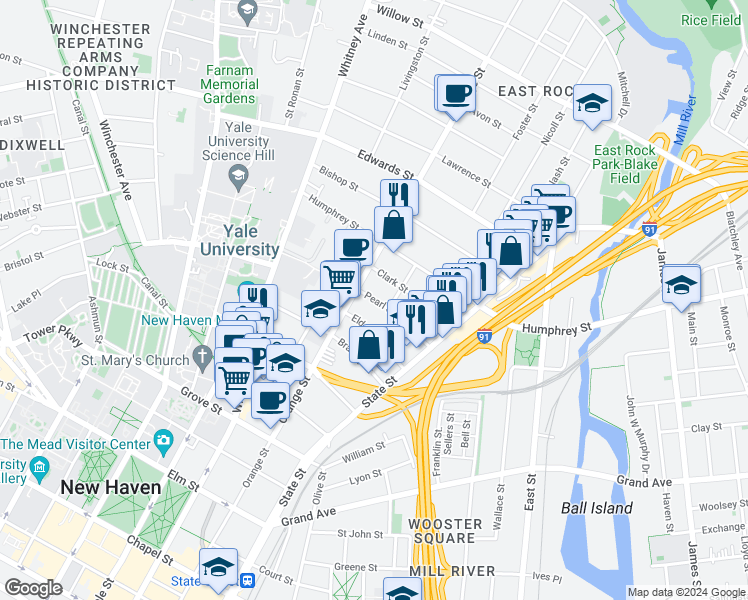 map of restaurants, bars, coffee shops, grocery stores, and more near 83 Pearl Street in New Haven