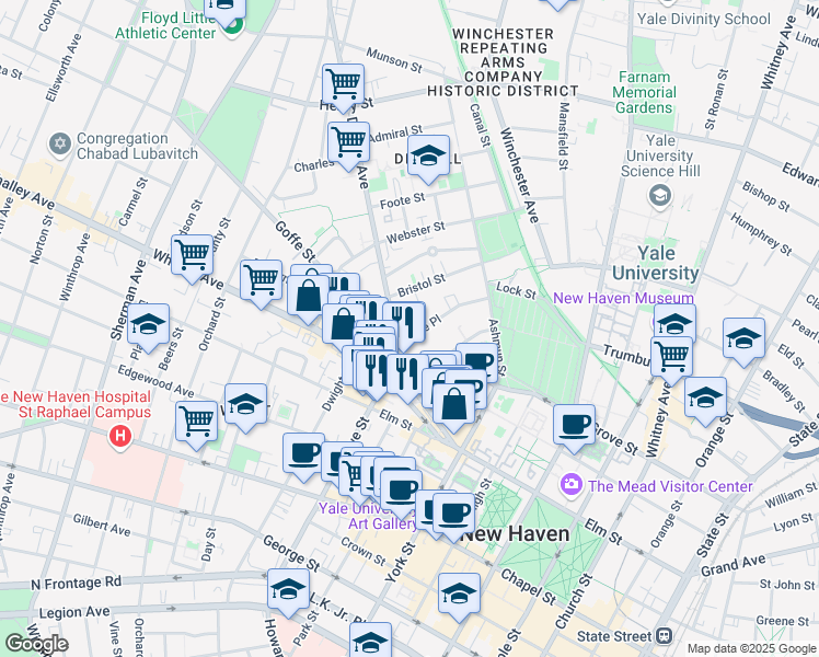 map of restaurants, bars, coffee shops, grocery stores, and more near 73 Lake Place in New Haven