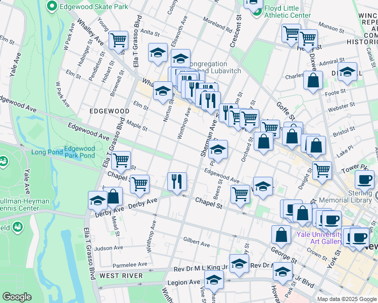 map of restaurants, bars, coffee shops, grocery stores, and more near 42 Maple Street in New Haven