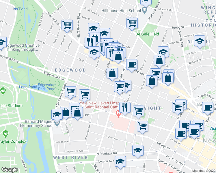 map of restaurants, bars, coffee shops, grocery stores, and more near 42 Maple Street in New Haven