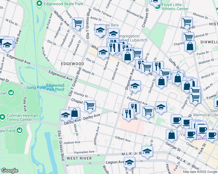 map of restaurants, bars, coffee shops, grocery stores, and more near 367 Edgewood Avenue in New Haven