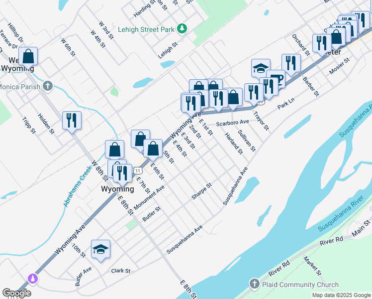 map of restaurants, bars, coffee shops, grocery stores, and more near 25-43 E 3rd St in Wyoming