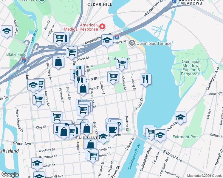 map of restaurants, bars, coffee shops, grocery stores, and more near 134 Chatham Street in New Haven