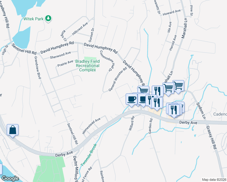 map of restaurants, bars, coffee shops, grocery stores, and more near 20 General Wooster Road in Derby