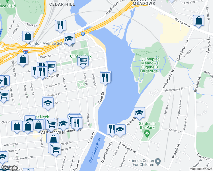 map of restaurants, bars, coffee shops, grocery stores, and more near 307 Front Street in New Haven