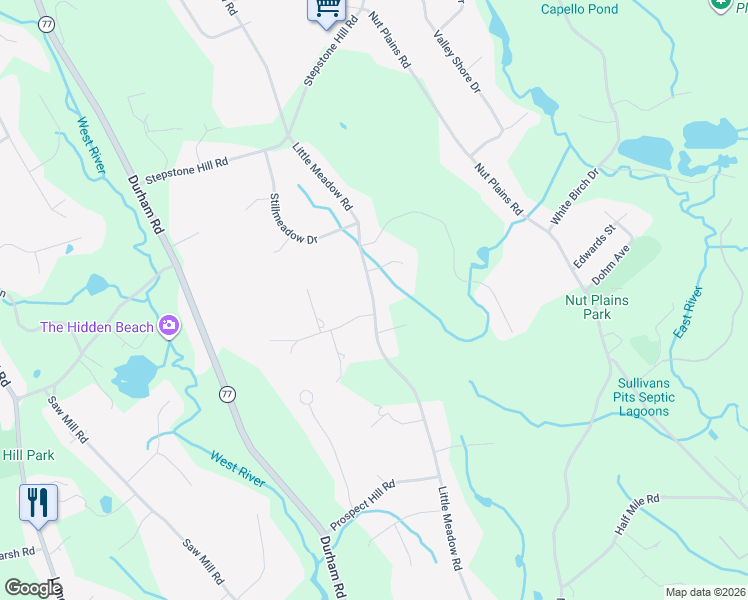 map of restaurants, bars, coffee shops, grocery stores, and more near 525 Little Meadow Road in Guilford