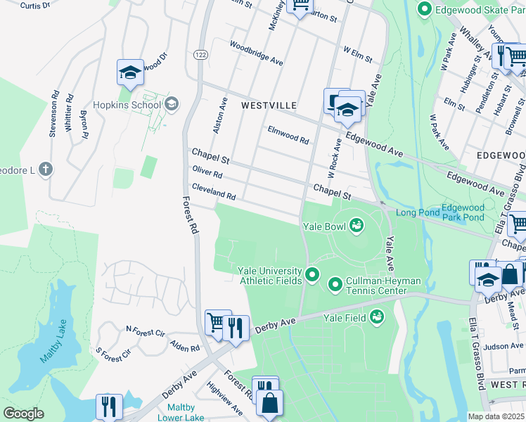 map of restaurants, bars, coffee shops, grocery stores, and more near 62 Cleveland Road in New Haven