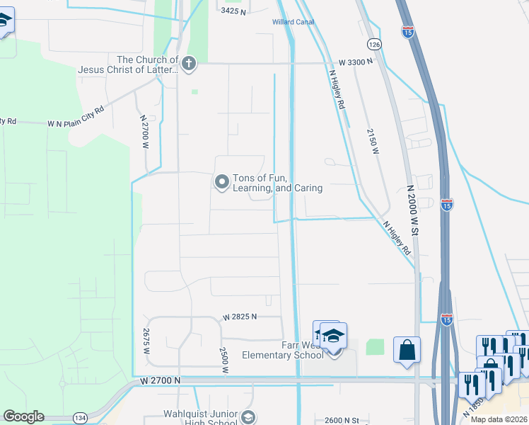 map of restaurants, bars, coffee shops, grocery stores, and more near 2383 West 3000 North in Farr West