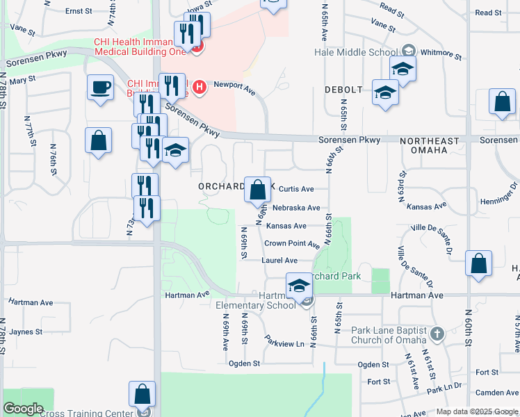 map of restaurants, bars, coffee shops, grocery stores, and more near 6128 North 68th Street in Omaha