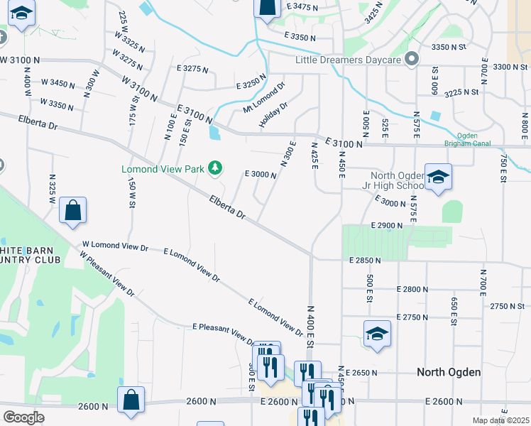 map of restaurants, bars, coffee shops, grocery stores, and more near 2884 North 300 East in North Ogden