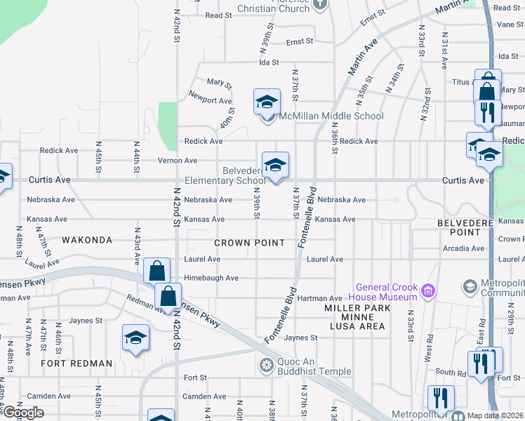 map of restaurants, bars, coffee shops, grocery stores, and more near 6109 North 39th Street in Omaha