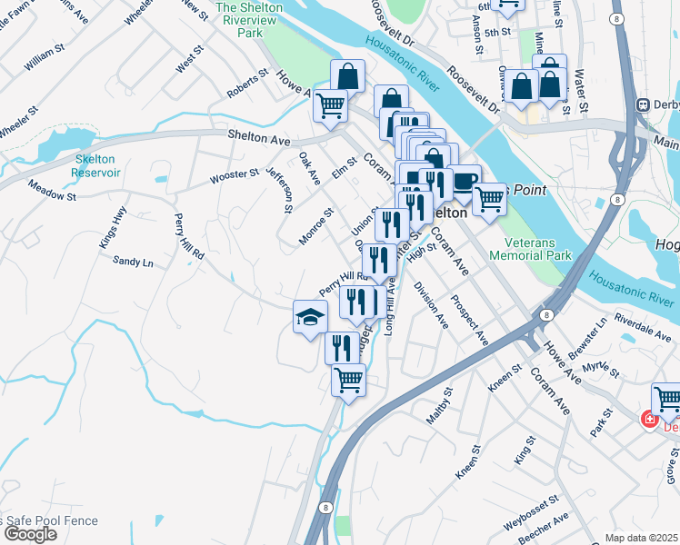 map of restaurants, bars, coffee shops, grocery stores, and more near 33 Perry Hill Road in Shelton