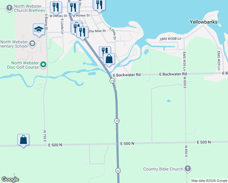 map of restaurants, bars, coffee shops, grocery stores, and more near 5474 North 800 East in North Webster