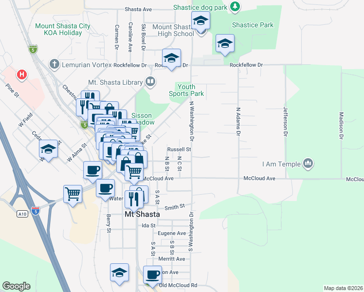 map of restaurants, bars, coffee shops, grocery stores, and more near 402 Russell Street in Mount Shasta