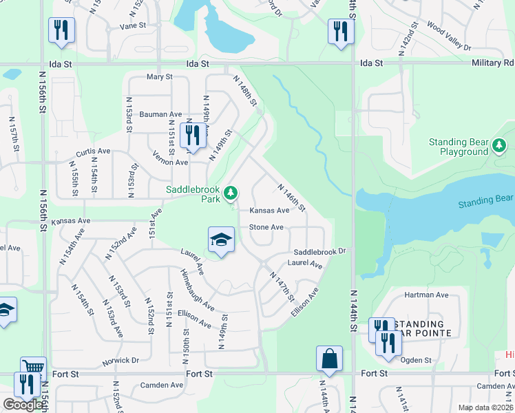 map of restaurants, bars, coffee shops, grocery stores, and more near 14726 Kansas Avenue in Omaha