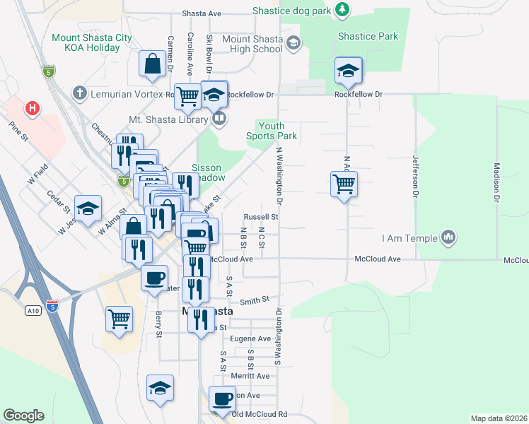 map of restaurants, bars, coffee shops, grocery stores, and more near 402 Russell Street in Mount Shasta