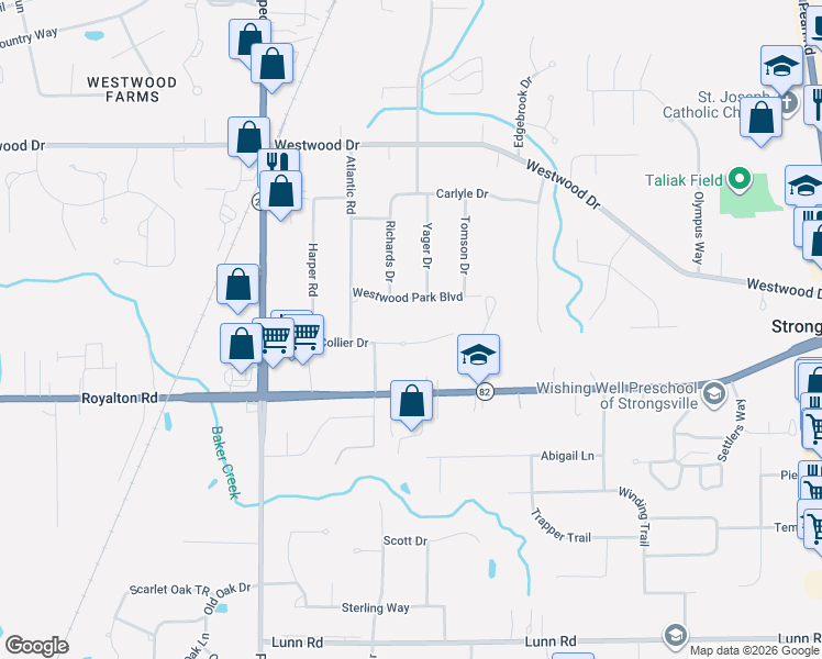 map of restaurants, bars, coffee shops, grocery stores, and more near 20472 Collier Drive in Strongsville