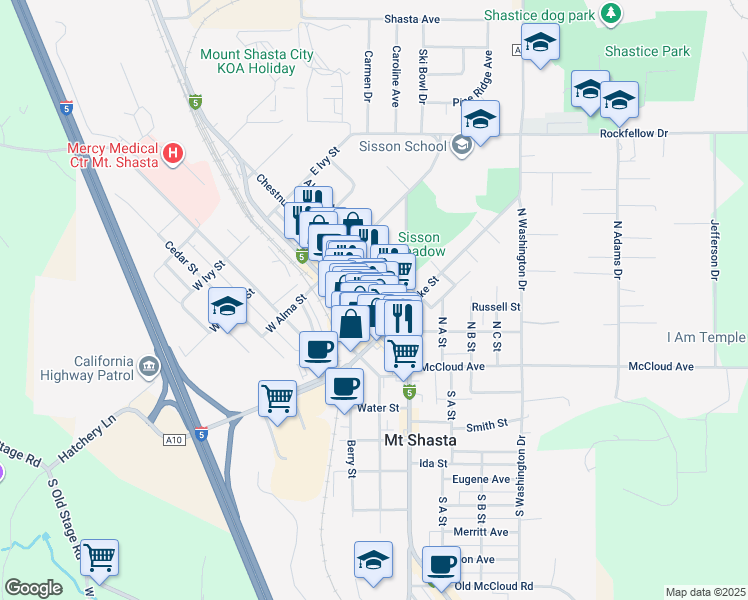 map of restaurants, bars, coffee shops, grocery stores, and more near 115 West Castle Street in Mount Shasta