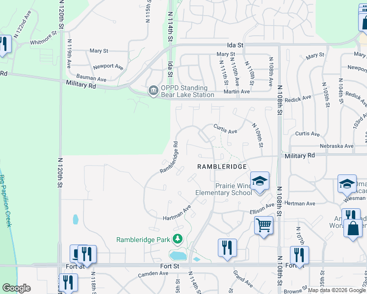 map of restaurants, bars, coffee shops, grocery stores, and more near 11456 Nebraska Circle in Omaha