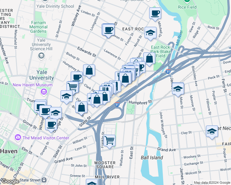 map of restaurants, bars, coffee shops, grocery stores, and more near 900 State Street in New Haven