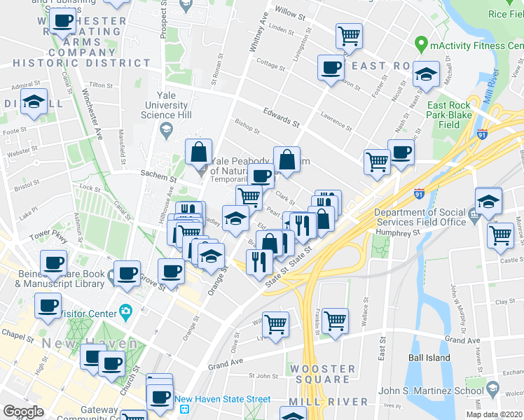 map of restaurants, bars, coffee shops, grocery stores, and more near in New Haven