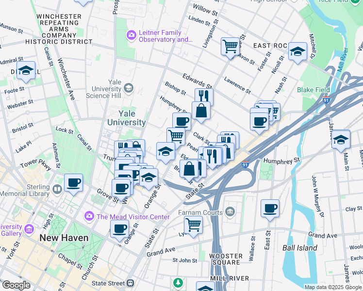 map of restaurants, bars, coffee shops, grocery stores, and more near in New Haven
