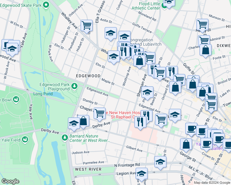 map of restaurants, bars, coffee shops, grocery stores, and more near 367 Edgewood Avenue in New Haven