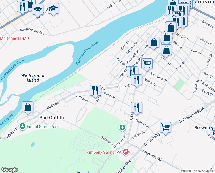 map of restaurants, bars, coffee shops, grocery stores, and more near 65 Plank St in Pittston