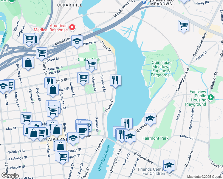 map of restaurants, bars, coffee shops, grocery stores, and more near 306 Front Street in New Haven