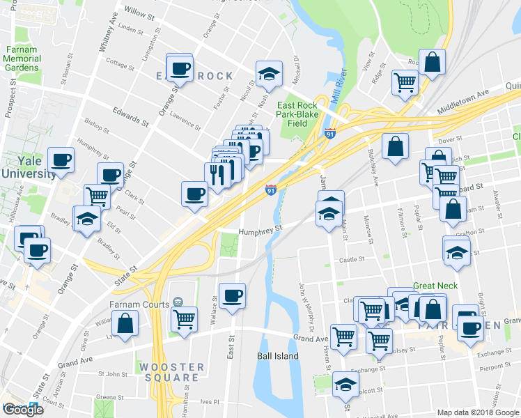 map of restaurants, bars, coffee shops, grocery stores, and more near Mill River Street in New Haven