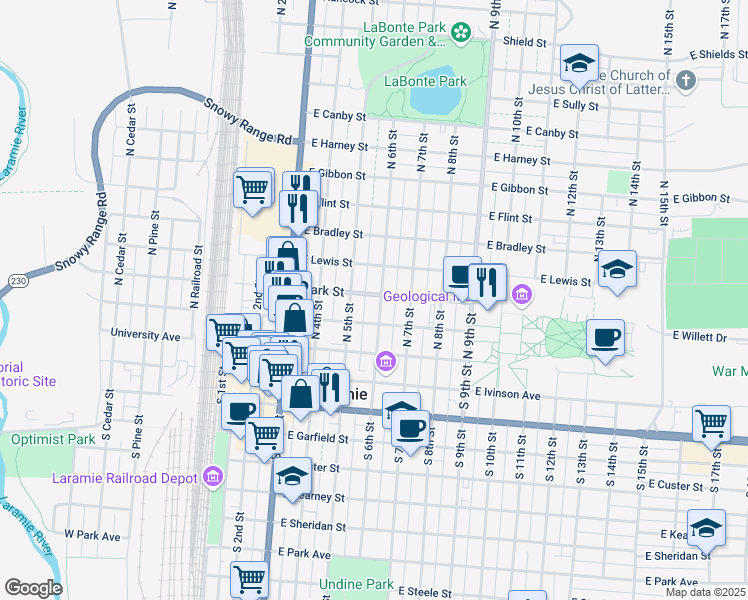 map of restaurants, bars, coffee shops, grocery stores, and more near 270 North 6th Street in Laramie