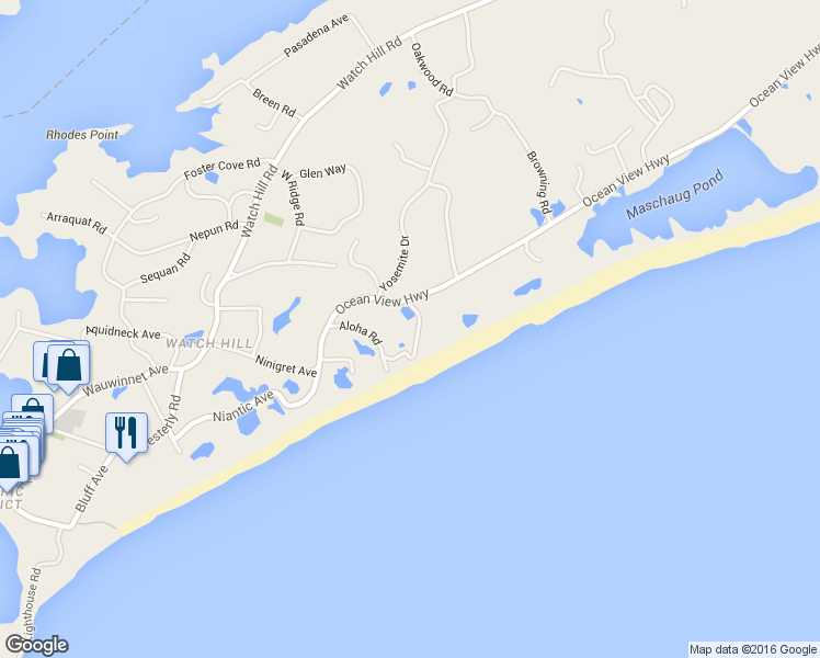 map of restaurants, bars, coffee shops, grocery stores, and more near 5 Manatuck Ave in Westerly