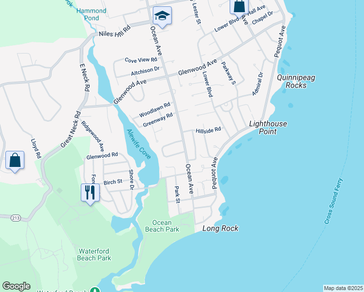 map of restaurants, bars, coffee shops, grocery stores, and more near 1043 Ocean Avenue in New London