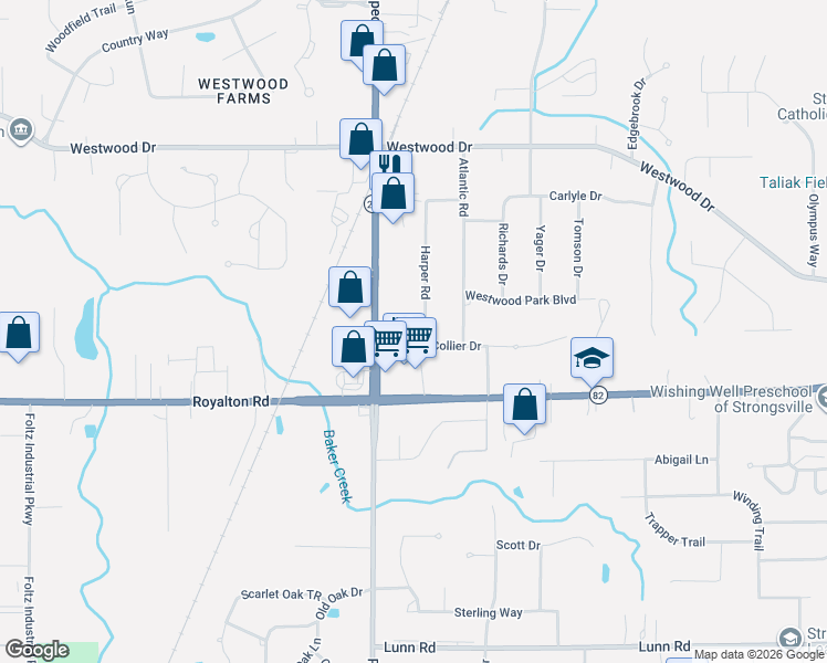 map of restaurants, bars, coffee shops, grocery stores, and more near 13728 Harper Road in Strongsville