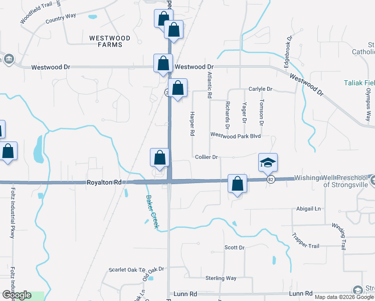 map of restaurants, bars, coffee shops, grocery stores, and more near 13728 Harper Road in Strongsville