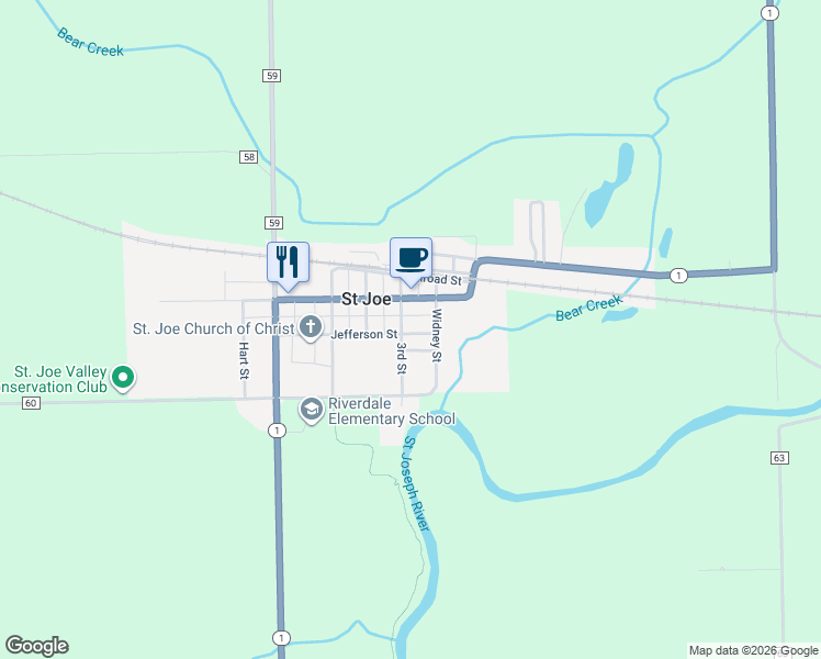 map of restaurants, bars, coffee shops, grocery stores, and more near 211 3rd Street in Saint Joe