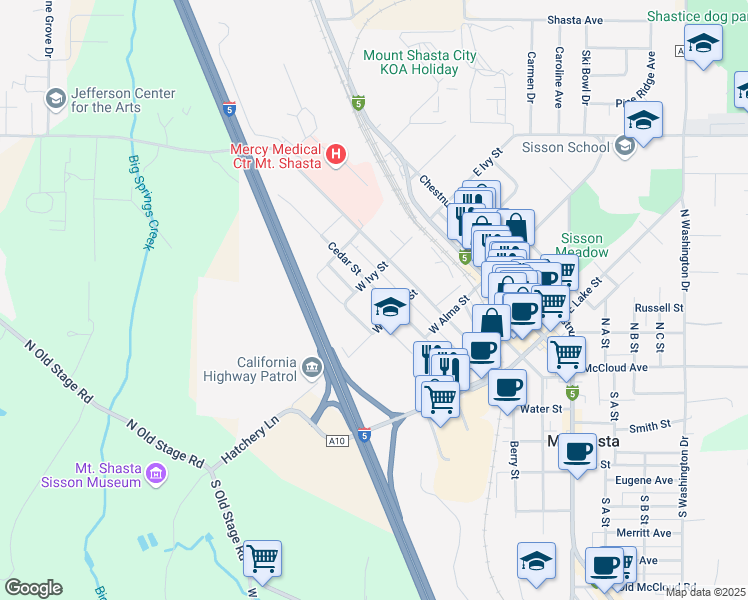 map of restaurants, bars, coffee shops, grocery stores, and more near 619 Cedar Street in Mount Shasta