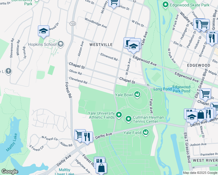 map of restaurants, bars, coffee shops, grocery stores, and more near 19 Cleveland Road in New Haven