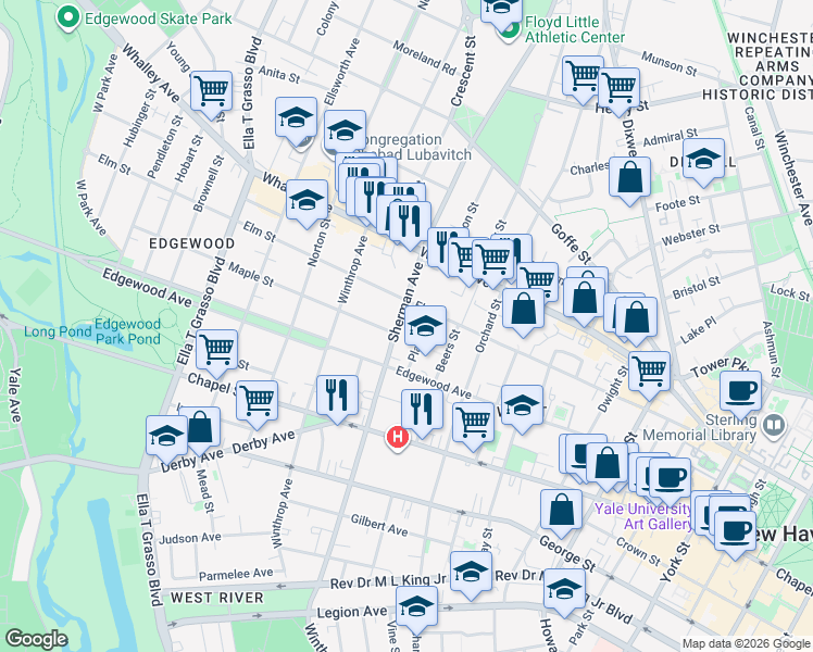 map of restaurants, bars, coffee shops, grocery stores, and more near 243 Sherman Avenue in New Haven