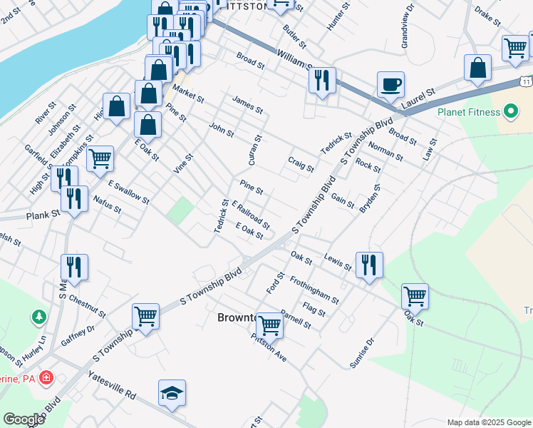 map of restaurants, bars, coffee shops, grocery stores, and more near 110 Front St in Pittston