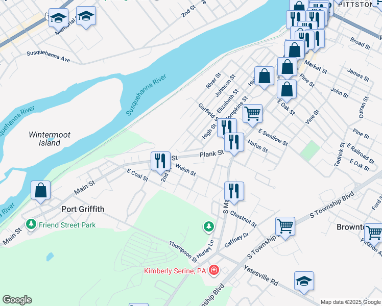 map of restaurants, bars, coffee shops, grocery stores, and more near 65 Plank Street in Pittston