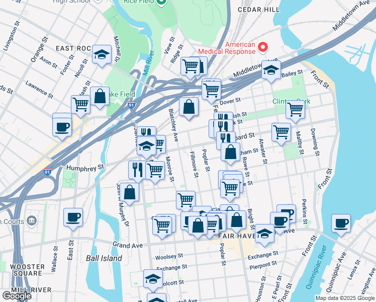 map of restaurants, bars, coffee shops, grocery stores, and more near 456 Lombard Street in New Haven